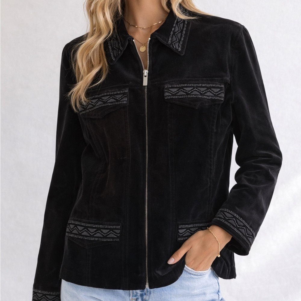 Jones New York Black Velvet Beaded Zip Up Jacket Medium